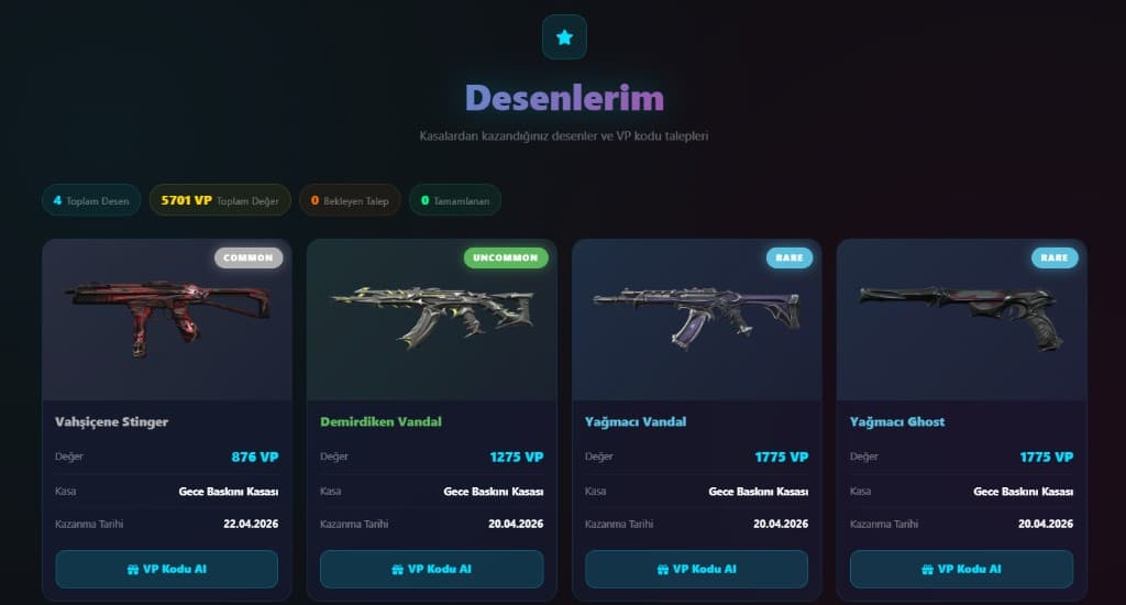 Desenlerim: kasalardan kazanılan skinler ve VP kodu talebi