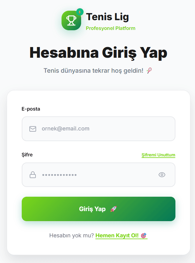 Tenis Lig giriş ekranı: e-posta ve şifre ile hesap