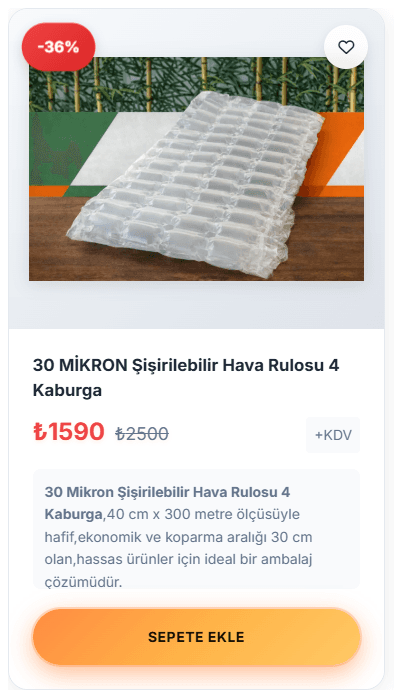 Ürün kartı: fiyat, indirim, KDV ve sepete ekle